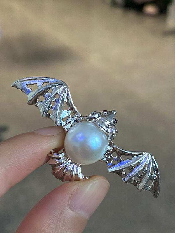 White Freshwater Baroque Pearl Mozambique Ruby Bat Brooch, Pendant（one of a kind piece in the world）
