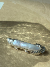 White Freshwater Baroque Pearl Sri Lanka Sapphire Arowana Fish Brooch, Pendant（one of a kind piece in the world）