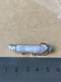 White Freshwater Baroque Pearl Sri Lanka Sapphire Arowana Fish Brooch, Pendant（one of a kind piece in the world）