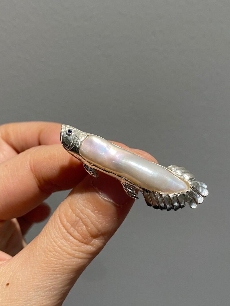White Freshwater Baroque Pearl Sri Lanka Sapphire Arowana Fish Brooch, Pendant（one of a kind piece in the world）
