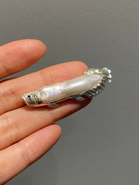 White Freshwater Baroque Pearl Sri Lanka Sapphire Arowana Fish Brooch, Pendant（one of a kind piece in the world）