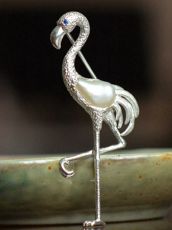 White Baroque Pearl Sri Lankan Sapphire Flamingo Brooch, Pendant