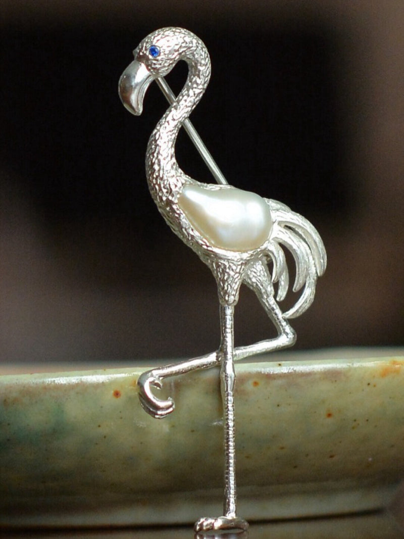 White Baroque Pearl Sri Lankan Sapphire Flamingo Brooch, Pendant