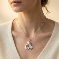 Celtic Triple Moon Knot Pendant - lifestyle styling on model