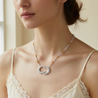 S999 Pure Silver Intertwined Double Crescent Moon CZ Necklace - Lifestyle