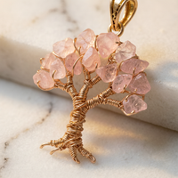 Rose Quartz Moon Tree of Life Pendant - Detail Close-up