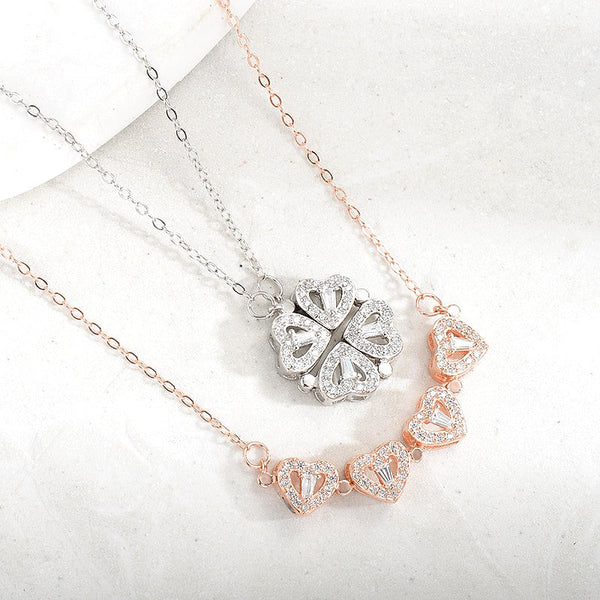 Four-Leaf Clover Necklace with Scattered CZ - front view on cream background