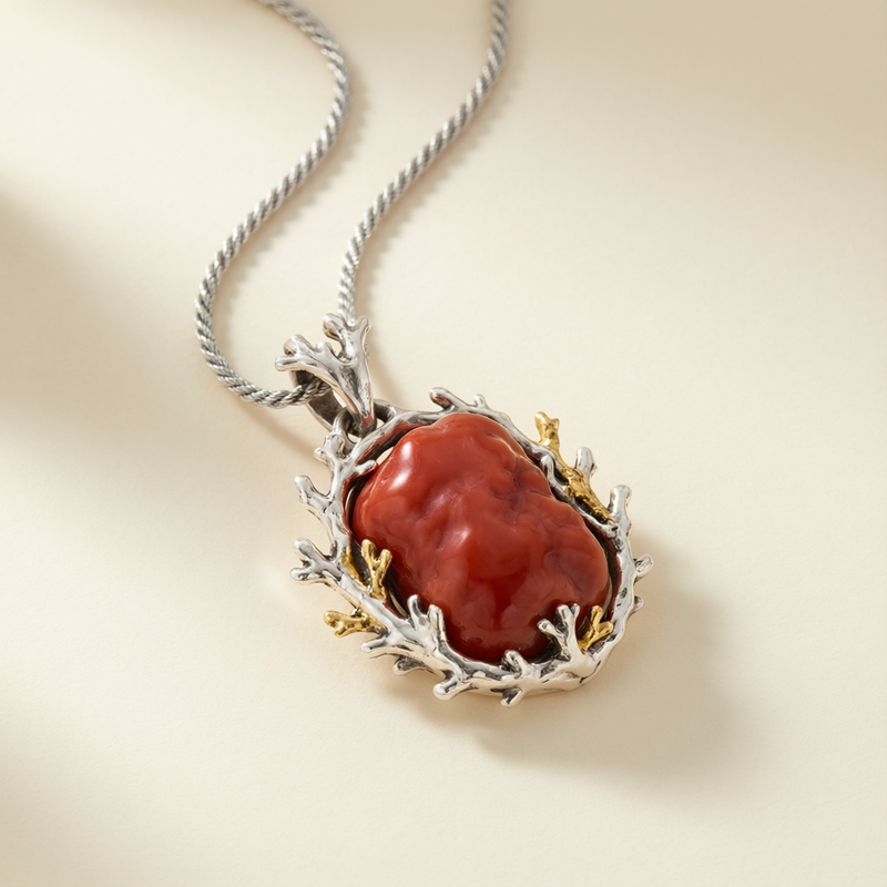 Mediterranean Coral Branch Pendant - Living Gemstone Necklace