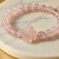 Natural Madagascar Rose Quartz Bracelet with Hand-Carved Clover - Detail