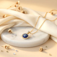 Celestial Evil Eye Zirconia Pendant with Halo Setting - model wearing - lifestyle styling