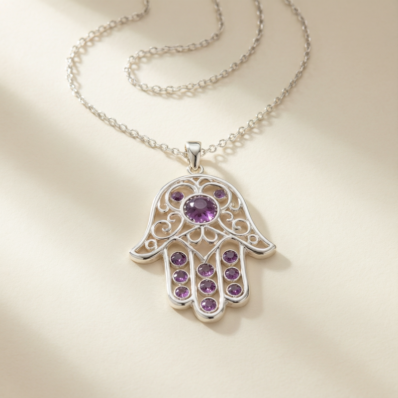 Hamsa Hand Amethyst Sterling Silver Necklace