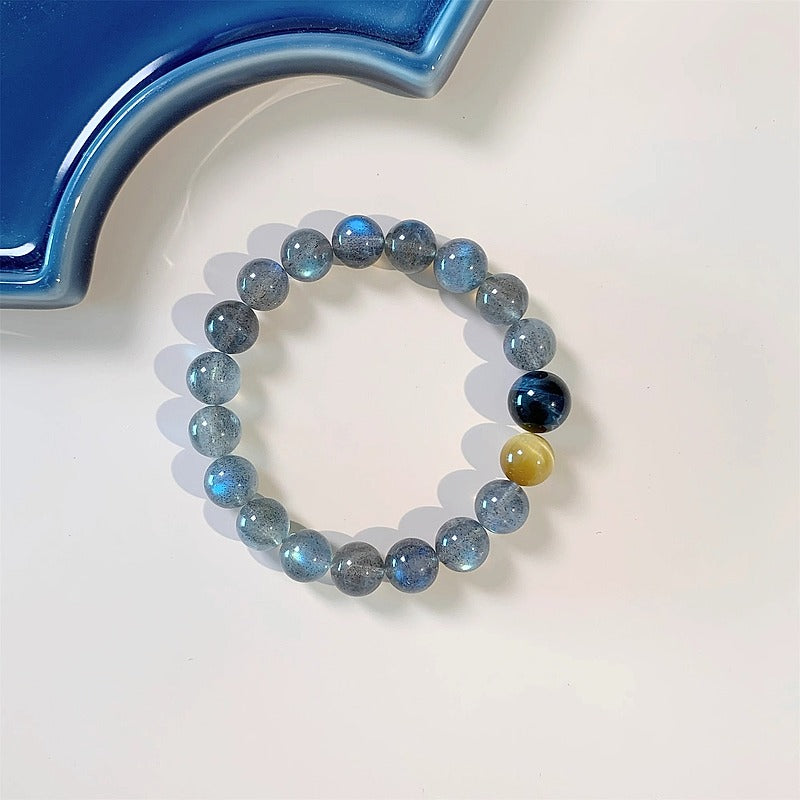 Labradorite and Tiger Eye Stone Beaded Bracelet - front view on cream background