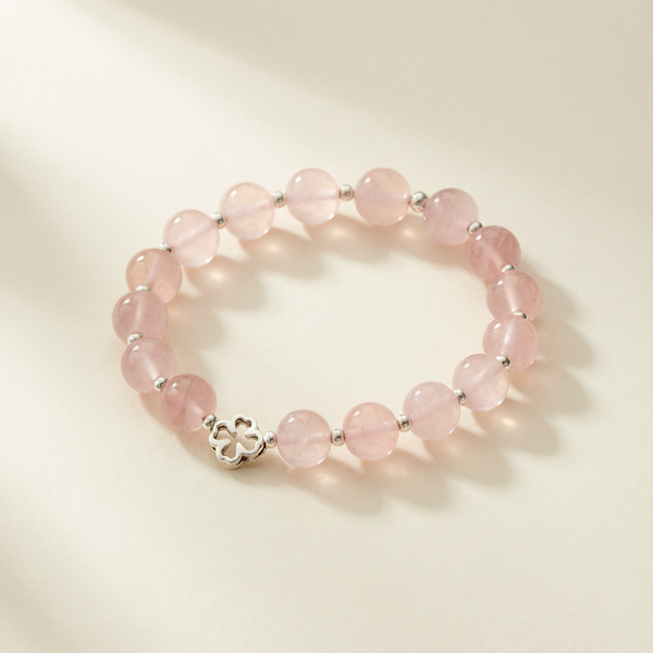 Natural Madagascar Rose Quartz Bracelet with Hand-Carved Clover Charm