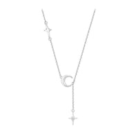 S925 Silver Matte Crescent Moon and Star Dual Pendant Necklace
