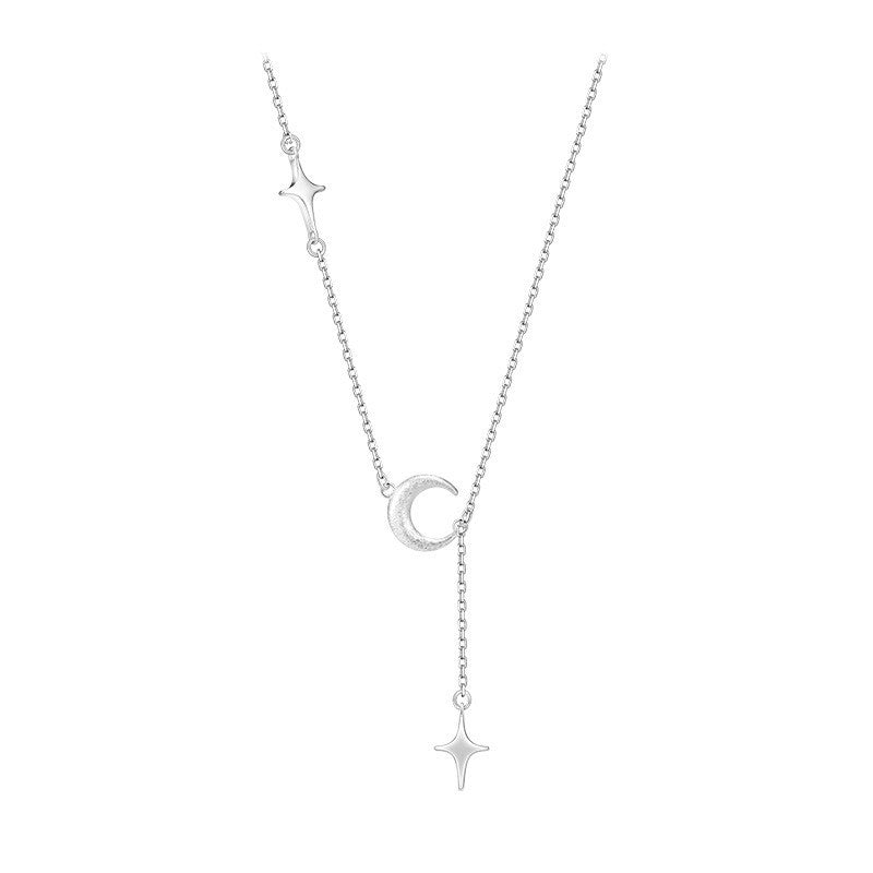 S925 Silver Matte Crescent Moon and Star Dual Pendant Necklace