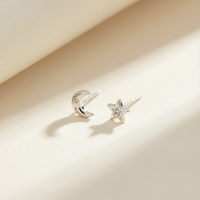 Moon & Stars Sterling Silver Stud Earrings - crescent moon and star design