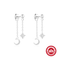 S925 Silver Geometric Star-Moon CZ Tassel Drop Earrings