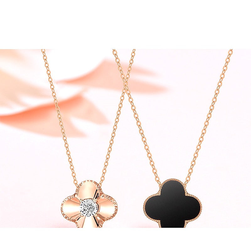 Rose Gold Double Clover Necklace with Onyx and Diamond - front view on cream background