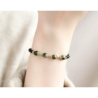 Green Phantom Quartz and Obsidian Beaded Bracelet - detail close-up showing craftsmanship