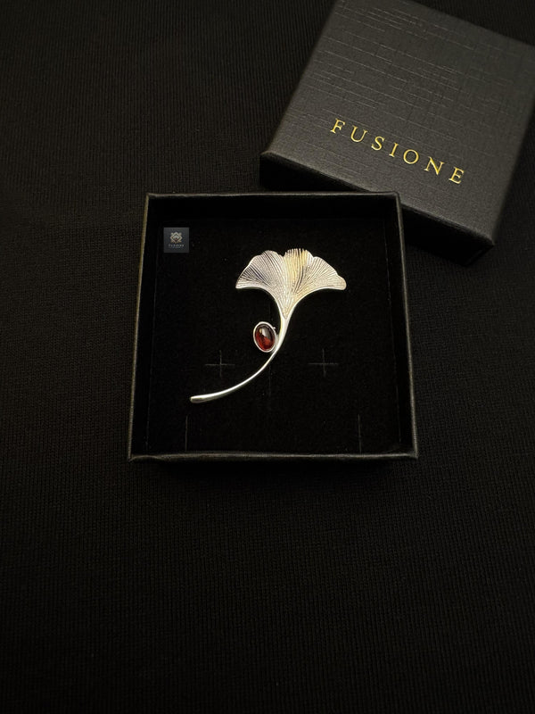 Garnet ginkgo brooch pendant